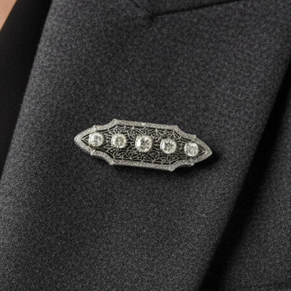 Art Deco 2.50cttw Old Mine Cut Filigree Platinum and 14K Yellow Gold Brooch