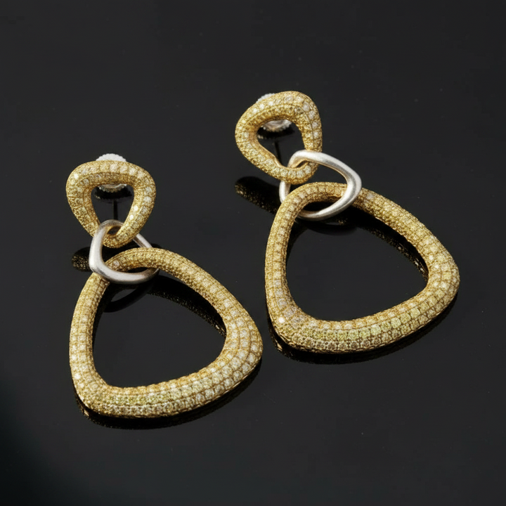 Designer AKMS 6.91cttw Natural Fancy Vivid Yellow Diamond and 18k White & Yellow Gold Dangle Earring