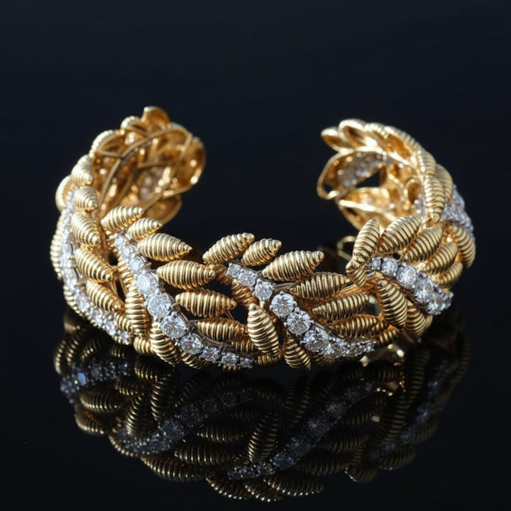 Estate 10.27cttw Diamond Textured Leaf Motif 18K Yellow and White Gold Bracelet