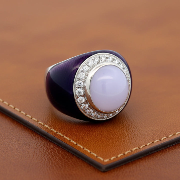Designer Nini Purple Jadiete and Diamond, Enamel 18Kt White Gold Ring