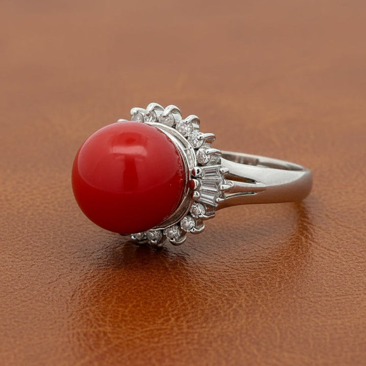 Mid Century Red Coral, Diamond Platinum Ring