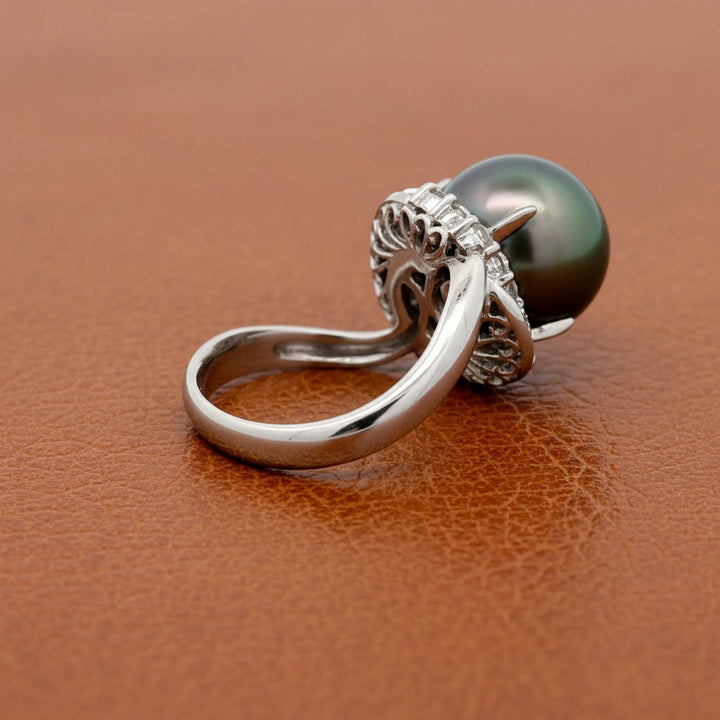 Modern 11.90mm Tahitian Pearl and Diamond Platinum Ring