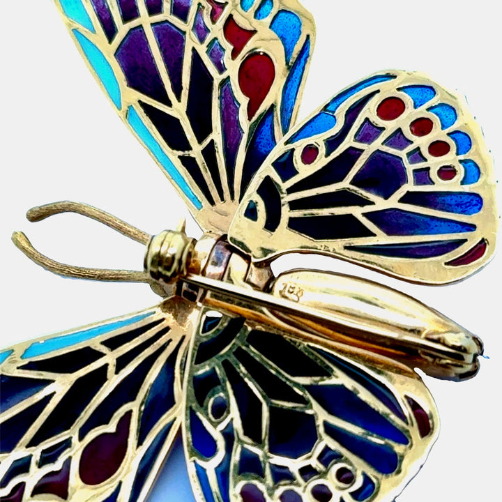 Mid Century 1950's "Plique A Jour" 18Kt Yellow Gold Articulating Wings Butterfly Brooch