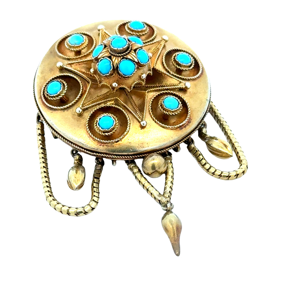 Victorian 1870's Turquoise and 14Kt Yellow Gold Pendant Brooch