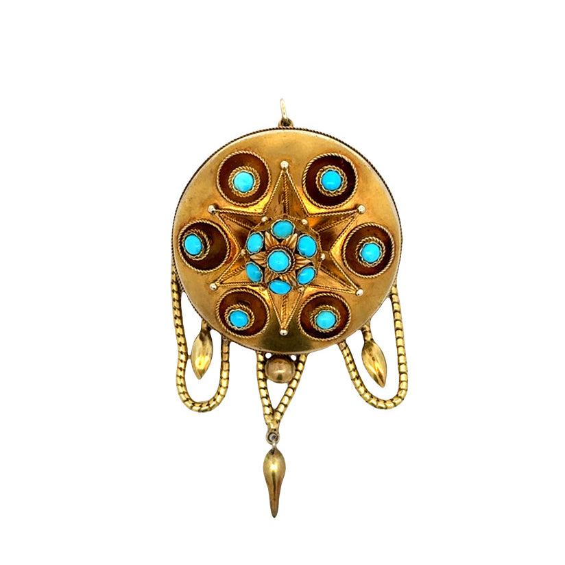 Victorian 1870's Turquoise and 14Kt Yellow Gold Pendant Brooch