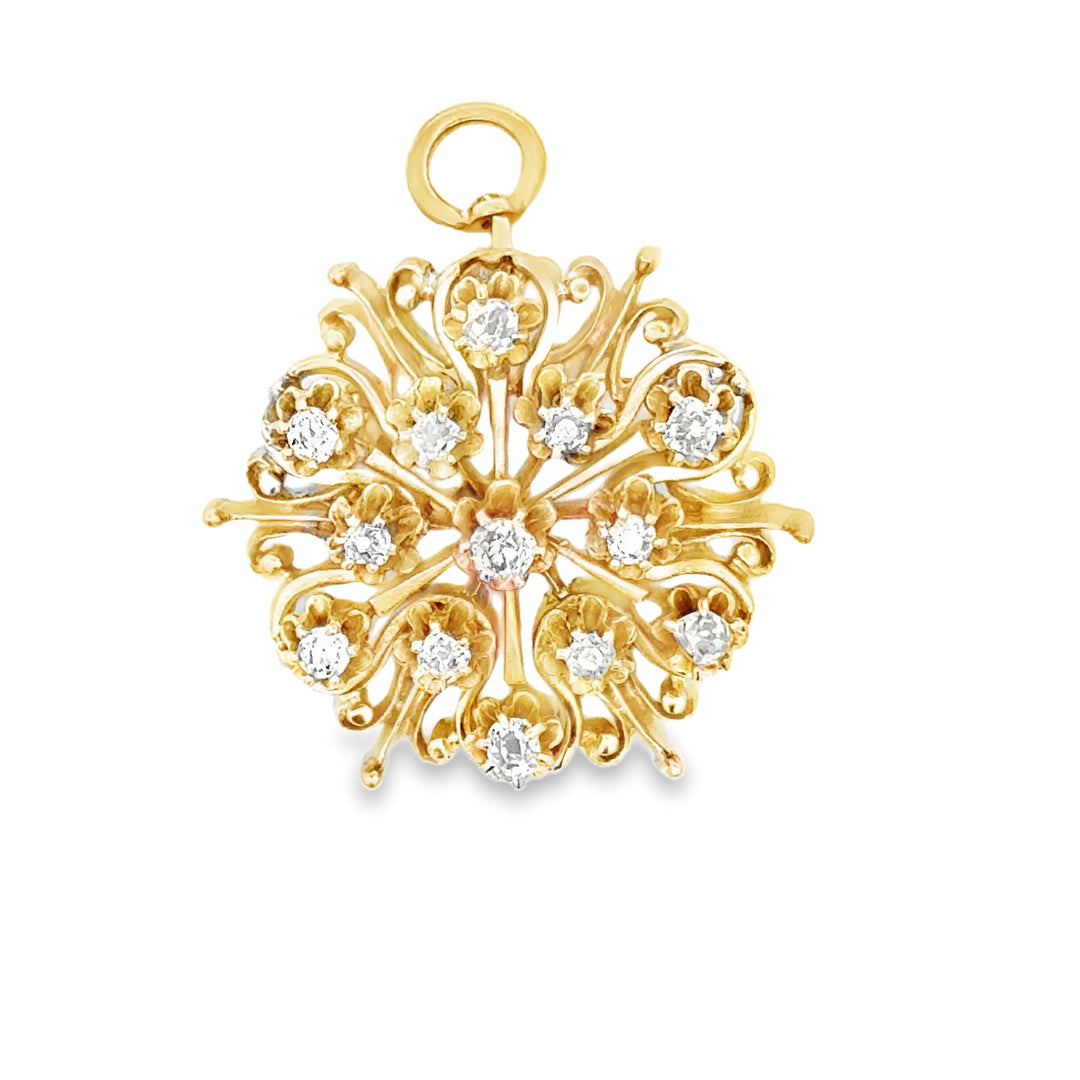 Mid Century Modern Old Mine Cut Diamond 14K Yellow Gold Brooch/Pendant