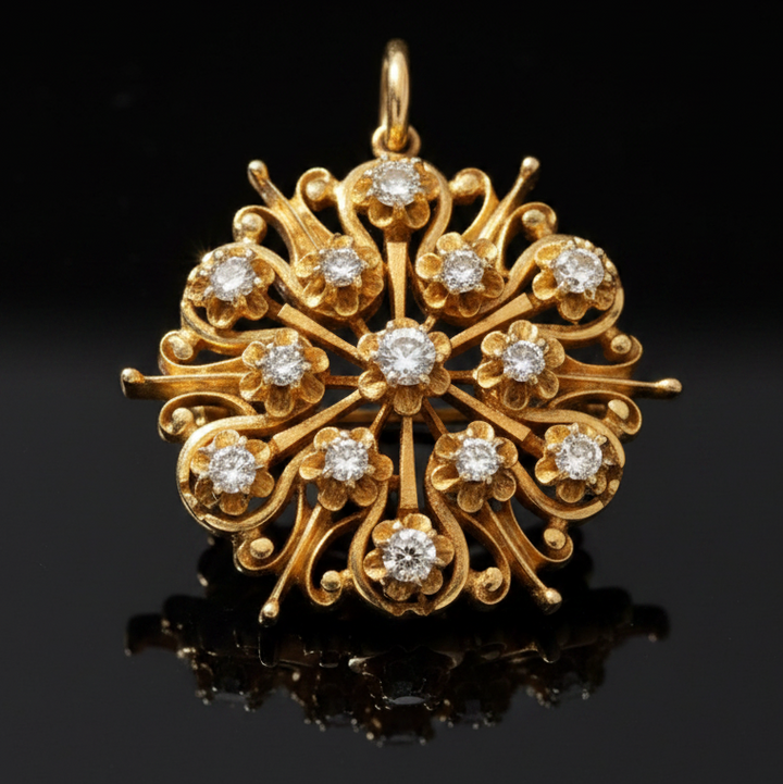 Mid Century Modern Old Mine Cut Diamond 14K Yellow Gold Brooch/Pendant