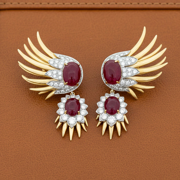 Italian Estate 19cttw Ruby and 2.80cttw Diamond Detachable 14Kt/18Kt White & Yellow Gold Earrings