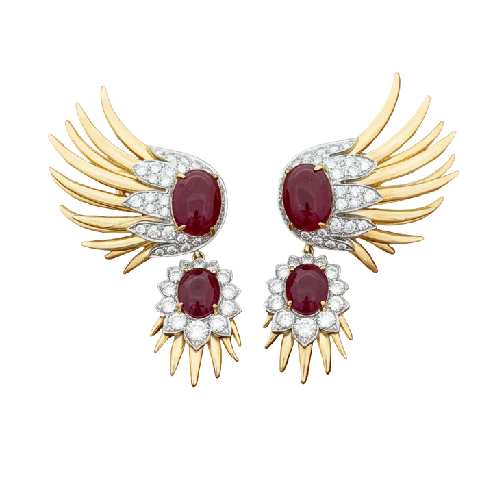 Italian Estate 19cttw Ruby and 2.80cttw Diamond Detachable 14Kt/18Kt White & Yellow Gold Earrings