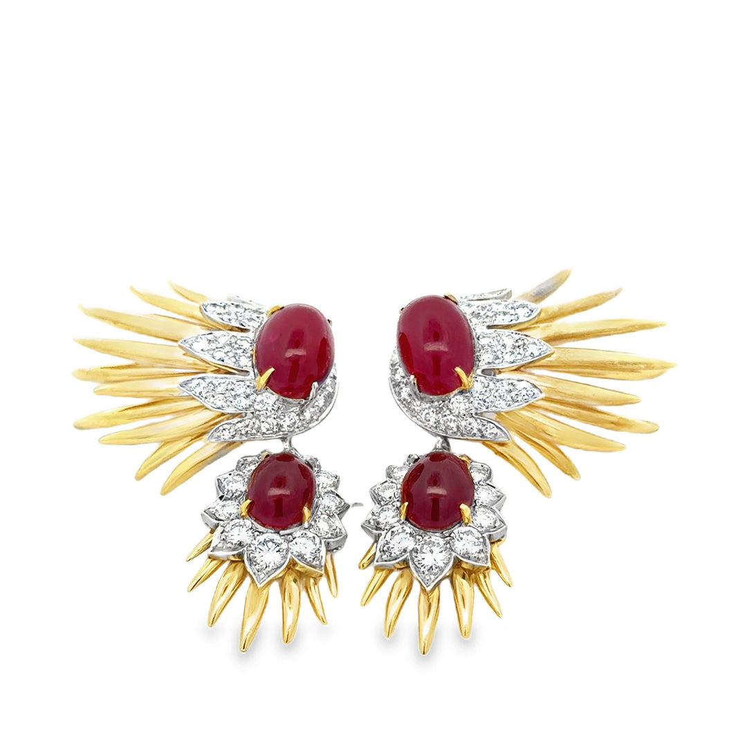 Italian Estate 19cttw Ruby and 2.80cttw Diamond Detachable 14Kt/18Kt White & Yellow Gold Earrings