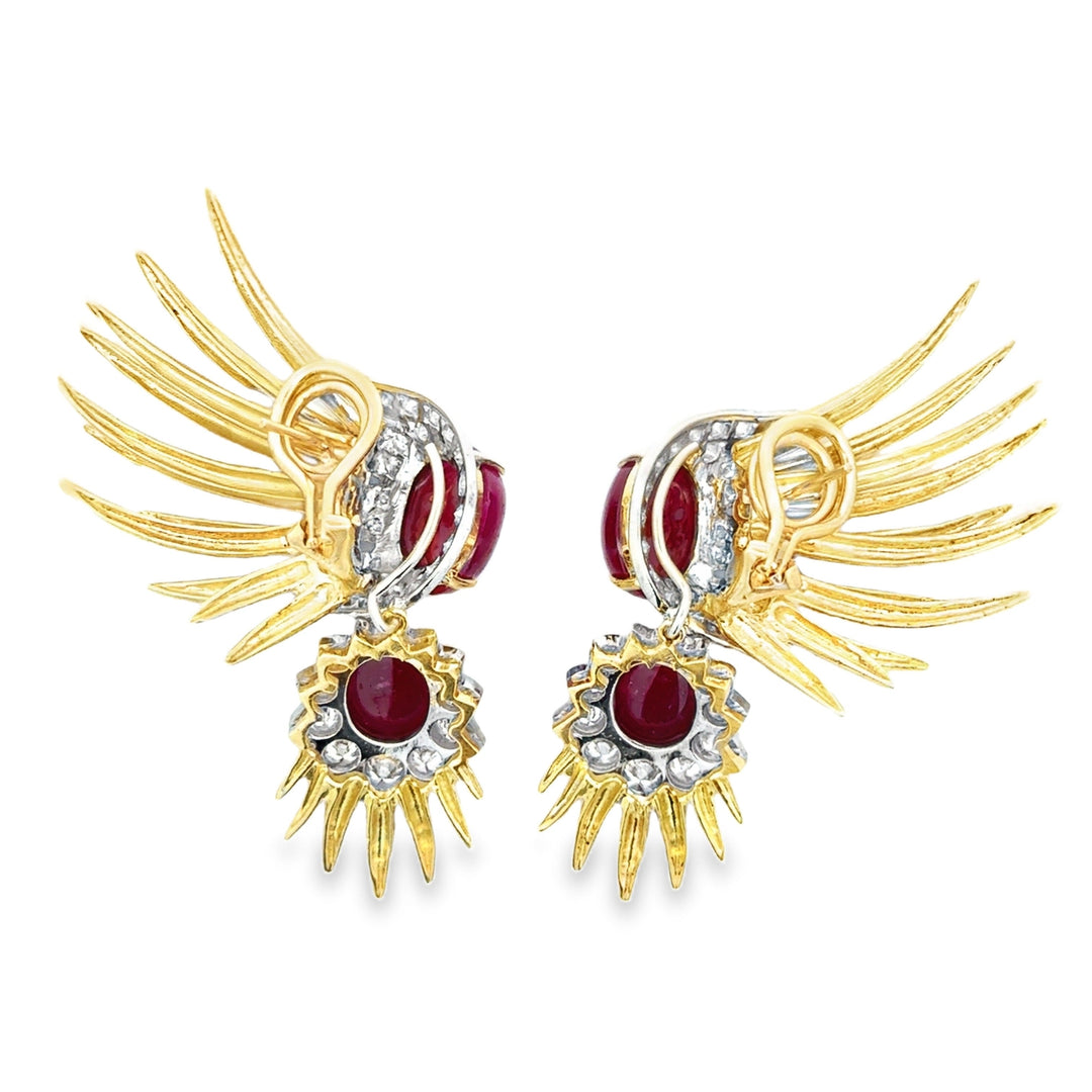 Italian Estate 19cttw Ruby and 2.80cttw Diamond Detachable 14Kt/18Kt White & Yellow Gold Earrings
