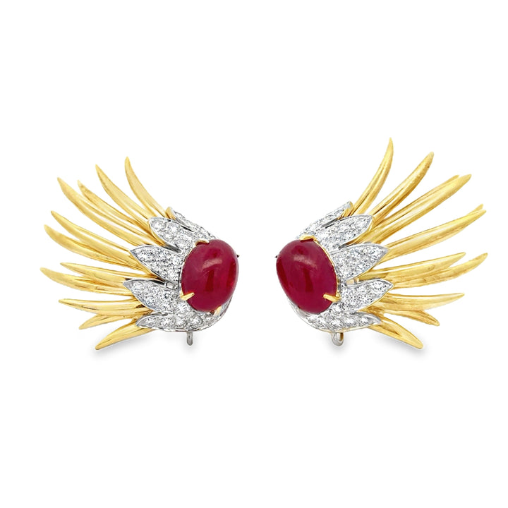 Italian Estate 19cttw Ruby and 2.80cttw Diamond Detachable 14Kt/18Kt White & Yellow Gold Earrings