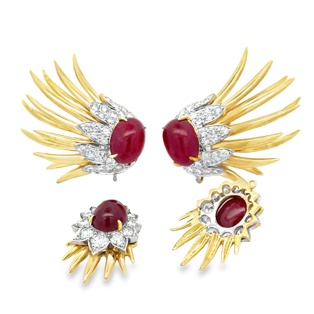 Italian Estate 19cttw Ruby and 2.80cttw Diamond Detachable 14Kt/18Kt White & Yellow Gold Earrings