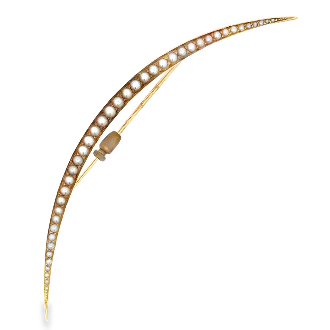 Victorian C. 1880 Natural Seed Pearl 14K Yelllow Gold Cresent Moon Brooch