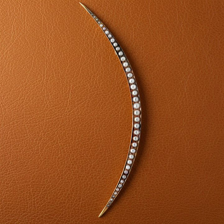Victorian C. 1880 Natural Seed Pearl 14K Yelllow Gold Cresent Moon Brooch