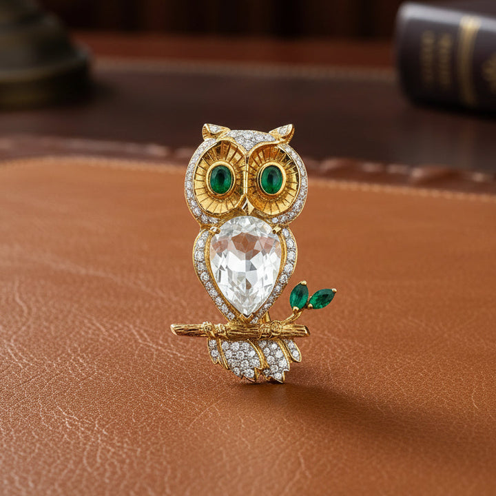 Vintage 1970's 18k Gold Diamond Owl Brooch with Emerald Eyes & Rock Crystal Body