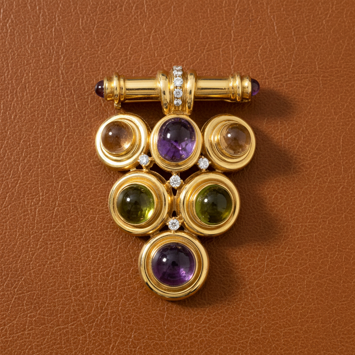 Italian Modern 1980's Geometric Diamond Amethyst, Peridot, Citrine 18k Yellow Gold Brooch