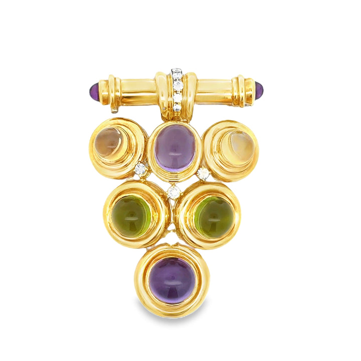 Italian Modern 1980's Geometric Diamond Amethyst, Peridot, Citrine 18k Yellow Gold Brooch