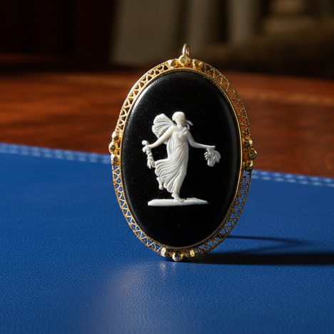 English Modern Wedgewood 36x25mm Cameo 14kt Yellow Gold