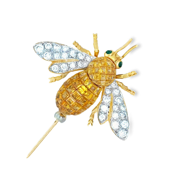 Modern 1980's Yellow Sapphire and Diamond 18Kt Yellow Gold Bee Brooch