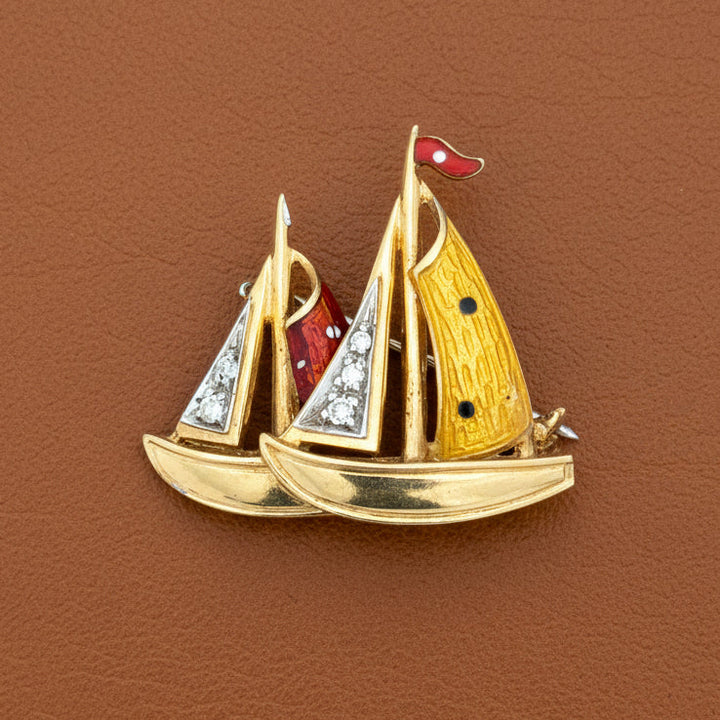 Estate Diamond and Enamel 18Kt Yellow/White Gold Sailboat Brooch