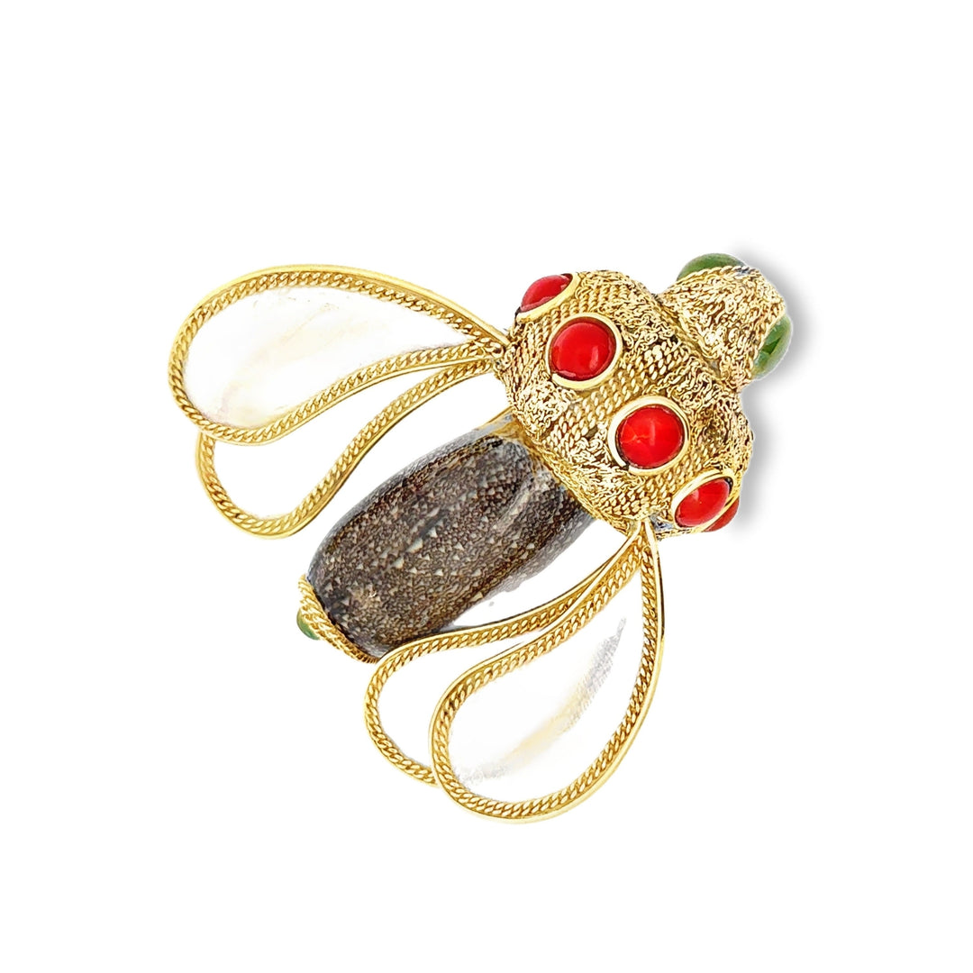 Italian Designer Orfaley - Modern 1970's Multi Stone 14K Yellow Gold Figural Brooch