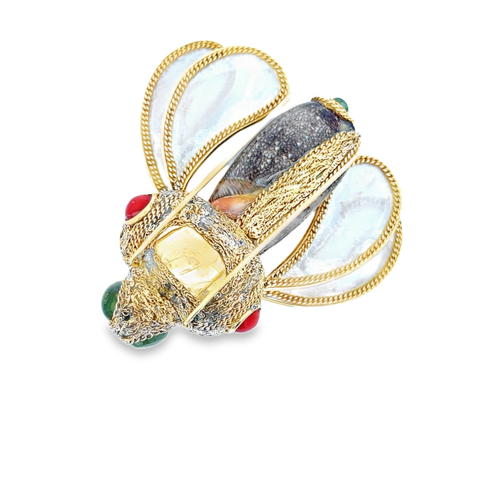 Italian Designer Orfaley - Modern 1970's Multi Stone 14K Yellow Gold Figural Brooch