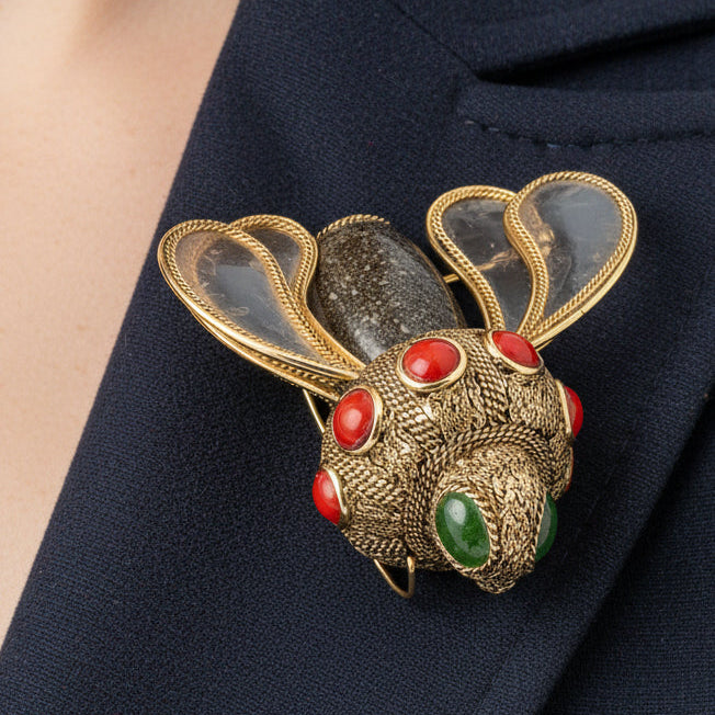Italian Designer Orfaley - Modern 1970's Multi Stone 14K Yellow Gold Figural Brooch