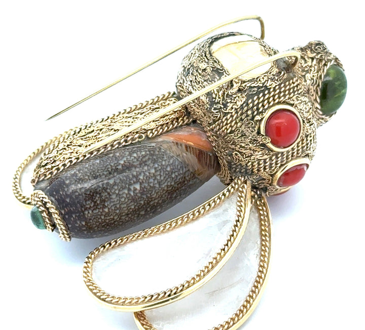 Italian Designer Orfaley - Modern 1970's Multi Stone 14K Yellow Gold Figural Brooch