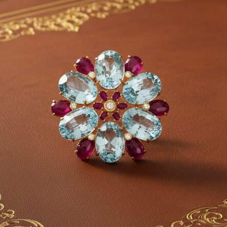 Italian-Modern 1980's 18K Yellow Gold, Blue Topaz, Ruby, Diamond Pendant/Brooch