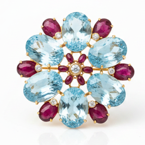 Italian-Modern 1980's 18K Yellow Gold, Blue Topaz, Ruby, Diamond Pendant/Brooch