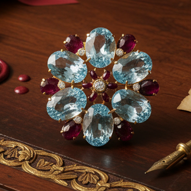 Italian-Modern 1980's 18K Yellow Gold, Blue Topaz, Ruby, Diamond Pendant/Brooch