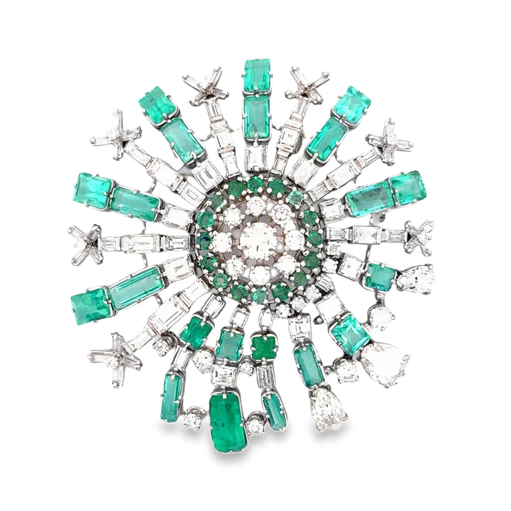 Mid Century 1960's Modern 14kt White Gold Emerald and Diamond Starburst Brooch