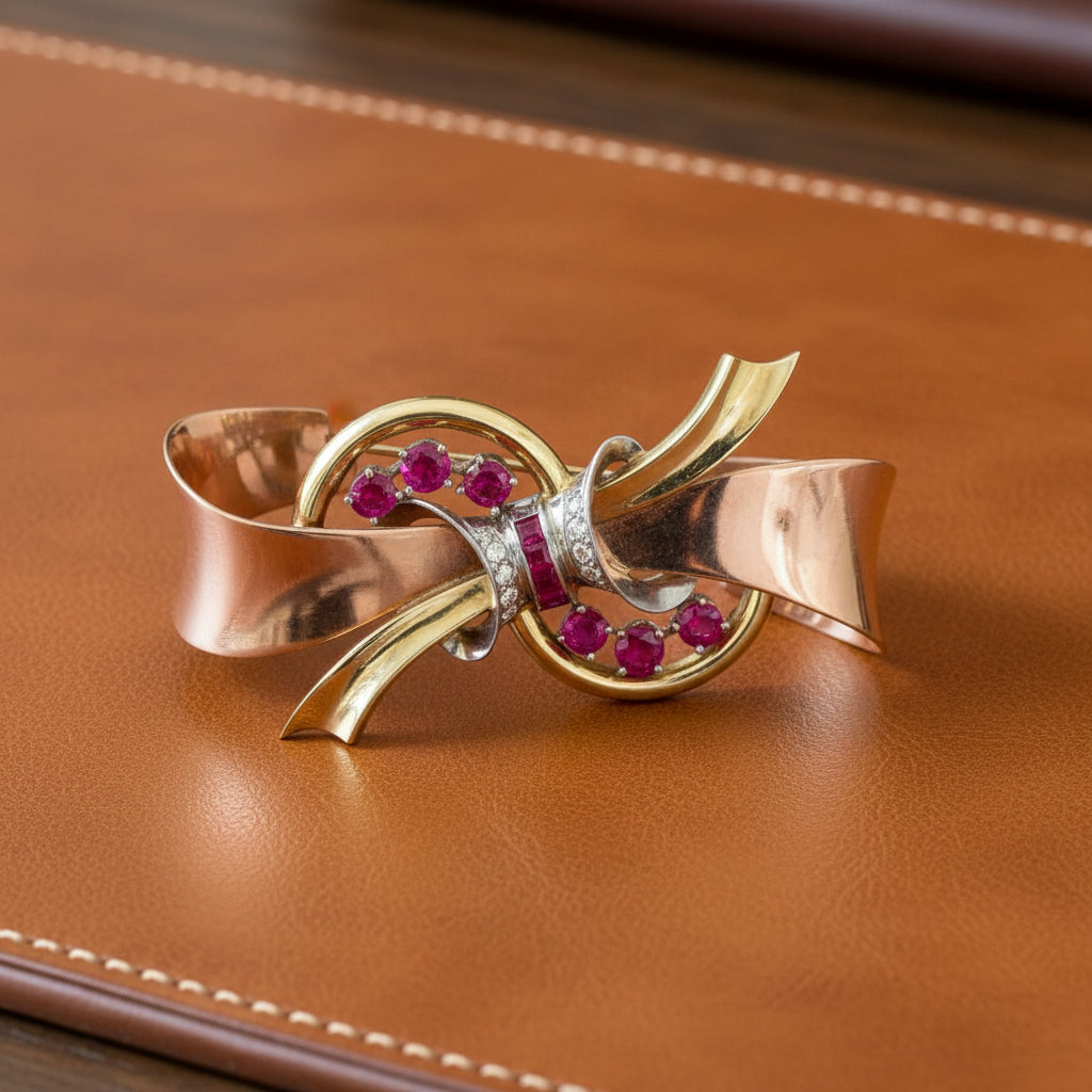 Retro 1940's 14K White, Rose and Yellow Gold, Ruby Diamond Box Brooch