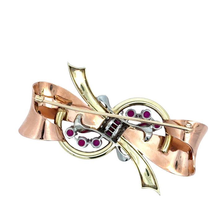 Retro 1940's 14K White, Rose and Yellow Gold, Ruby Diamond Box Brooch