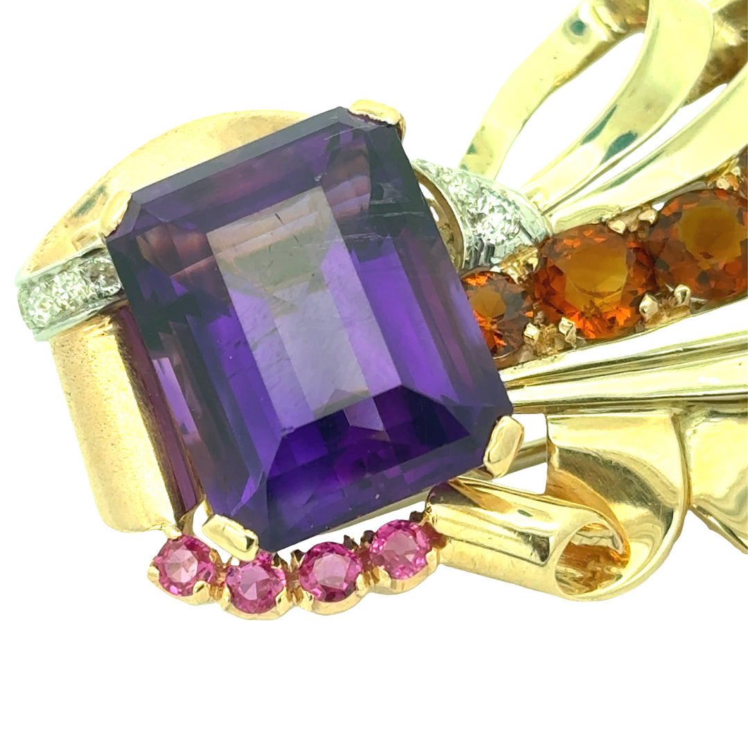 Italian Modern 1960's Amethyst, Diamond, Pink Sapphire, Garnet 14K White, Yellow, Rose Gold Brooch