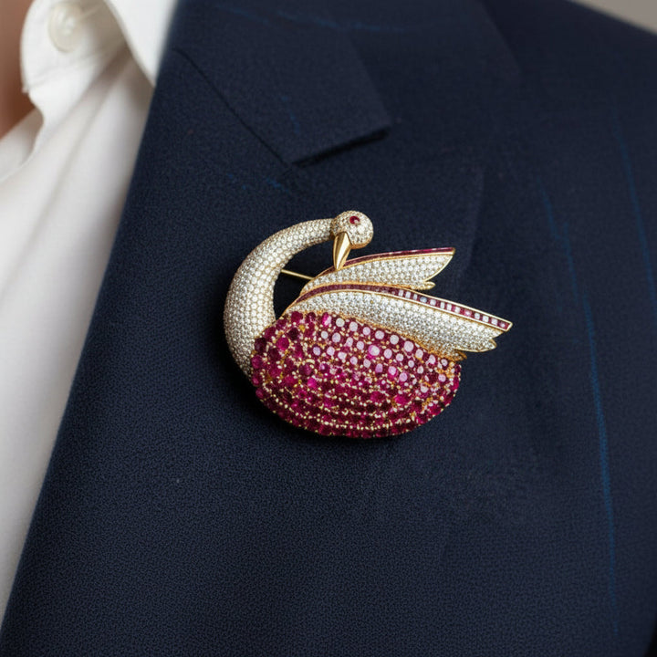 Modern 1980's 22.00cttw Ruby and 5.50 cttw Diamond 14Kt Yellow Gold Swan Pendant/Brooch