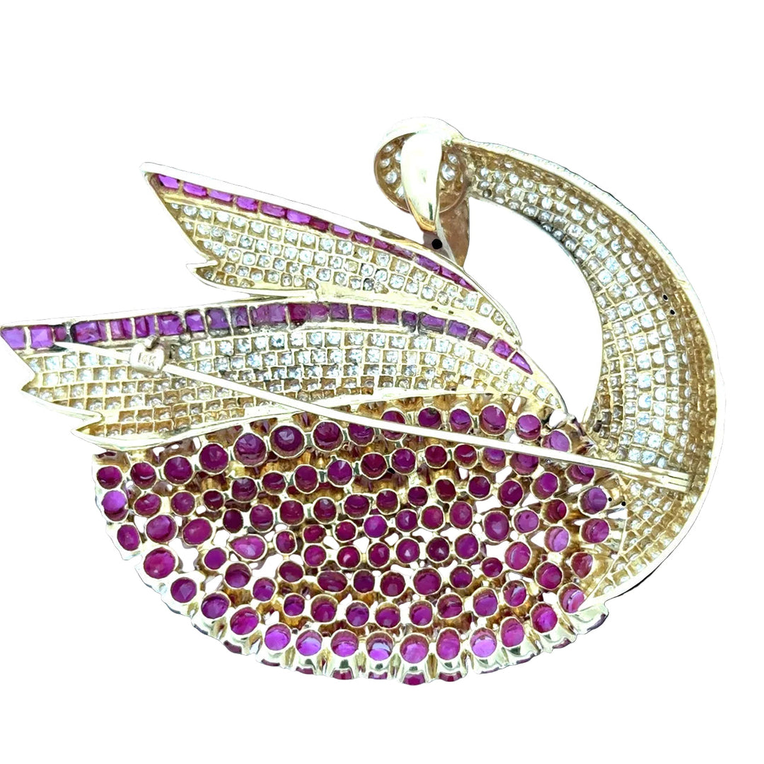 Modern 1980's 22.00cttw Ruby and 5.50 cttw Diamond 14Kt Yellow Gold Swan Pendant/Brooch