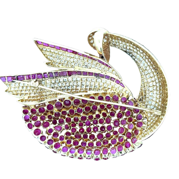 Modern 1980's 22.00cttw Ruby and 5.50 cttw Diamond 14Kt Yellow Gold Swan Pendant/Brooch