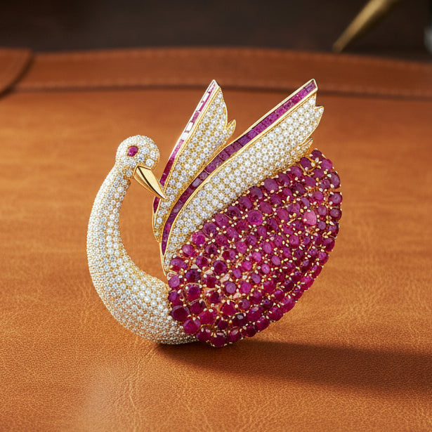 Modern 1980's 22.00cttw Ruby and 5.50 cttw Diamond 14Kt Yellow Gold Swan Pendant/Brooch
