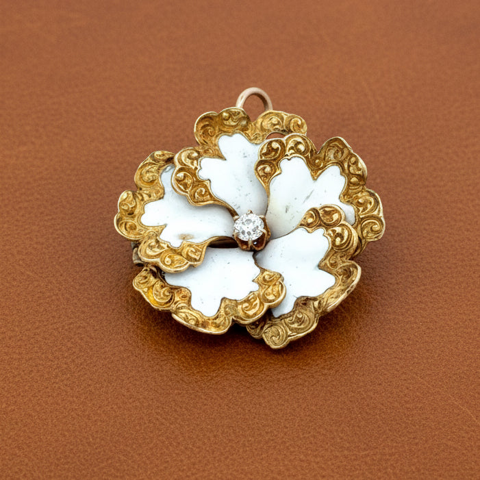 Edwardian 1905 14K Yellow Gold White Enamel and Diamond Pendant/Brooch