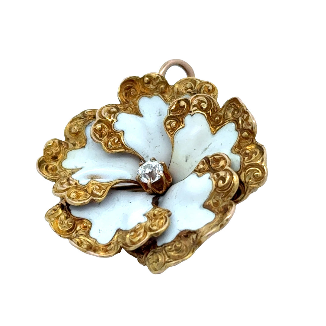 Edwardian 1905 14K Yellow Gold White Enamel and Diamond Pendant/Brooch