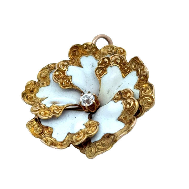 Edwardian 1905 14K Yellow Gold White Enamel and Diamond Pendant/Brooch