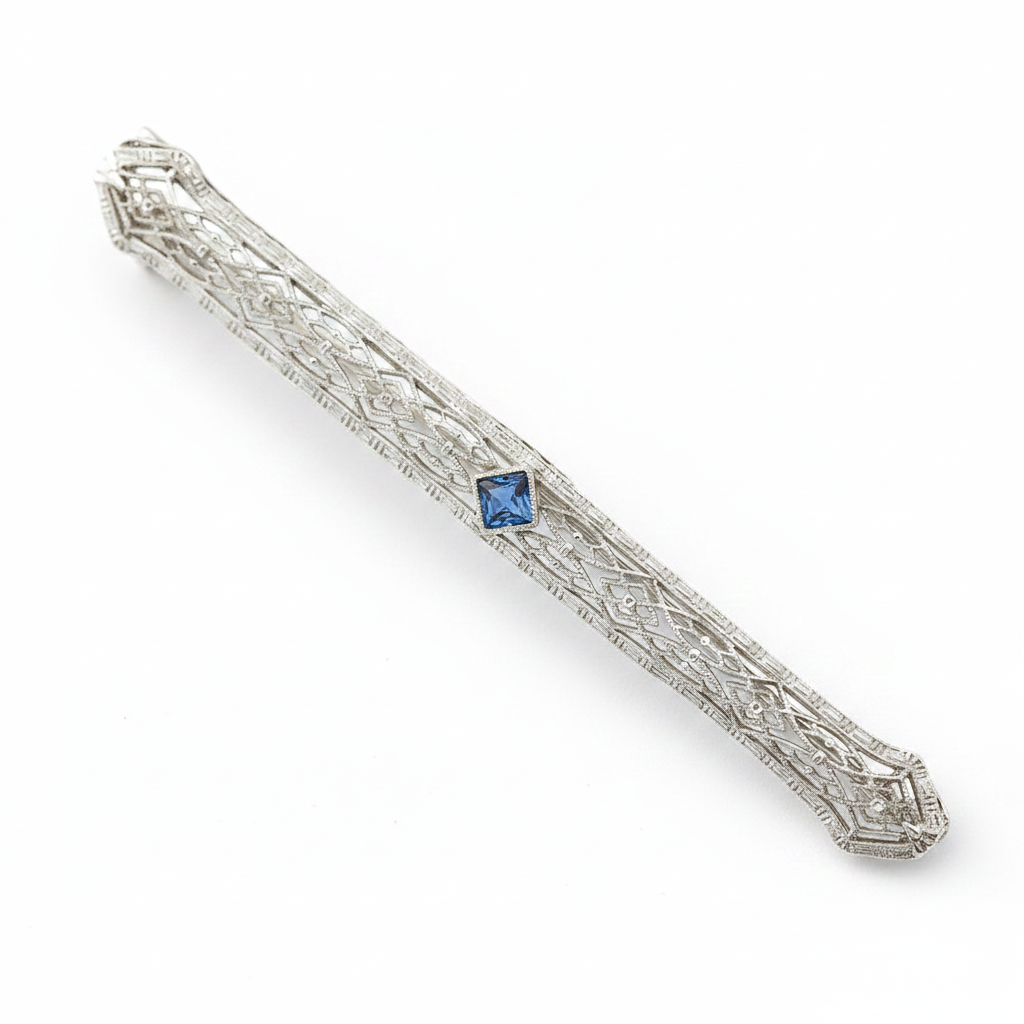 Art Deco 1920's Sapphire Filigree 14K White Gold Brooch