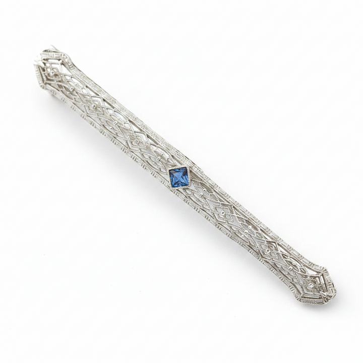 Art Deco 1920's Sapphire Filigree 14K White Gold Brooch