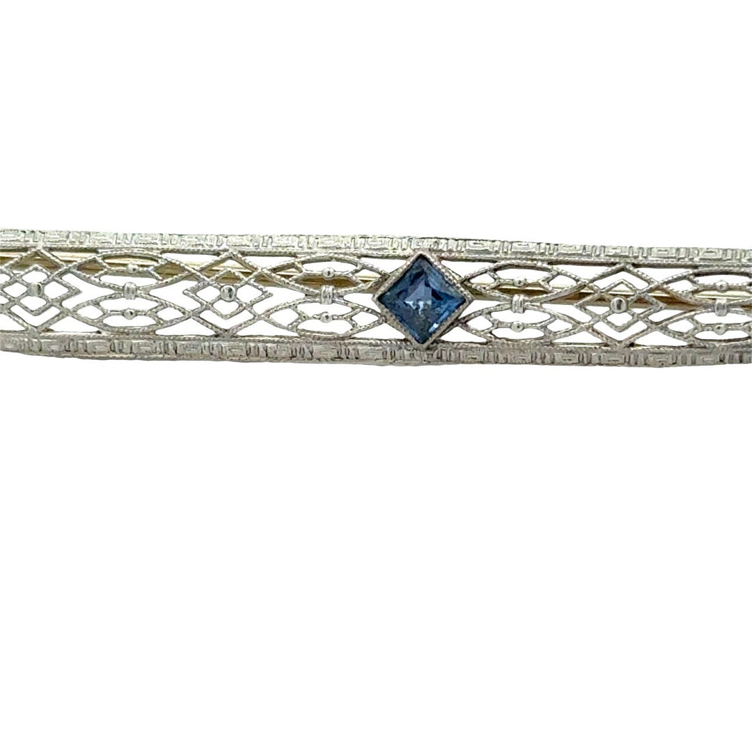 Art Deco 1920's Sapphire Filigree 14K White Gold Brooch