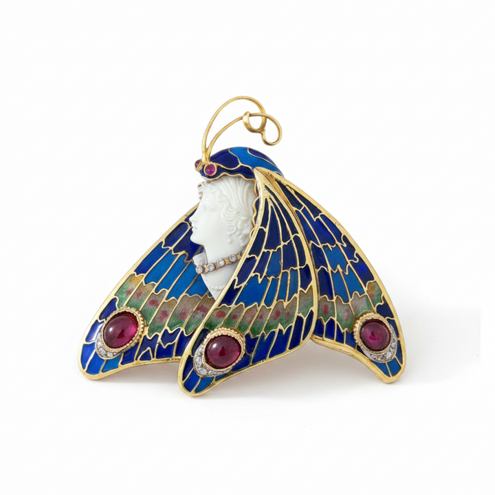 Modern 1990's 18kt Yellow Gold Plique-A-Jour Enamel, Garnet, diamond, Pink Sapphire, Cameo Pendant/Brooch