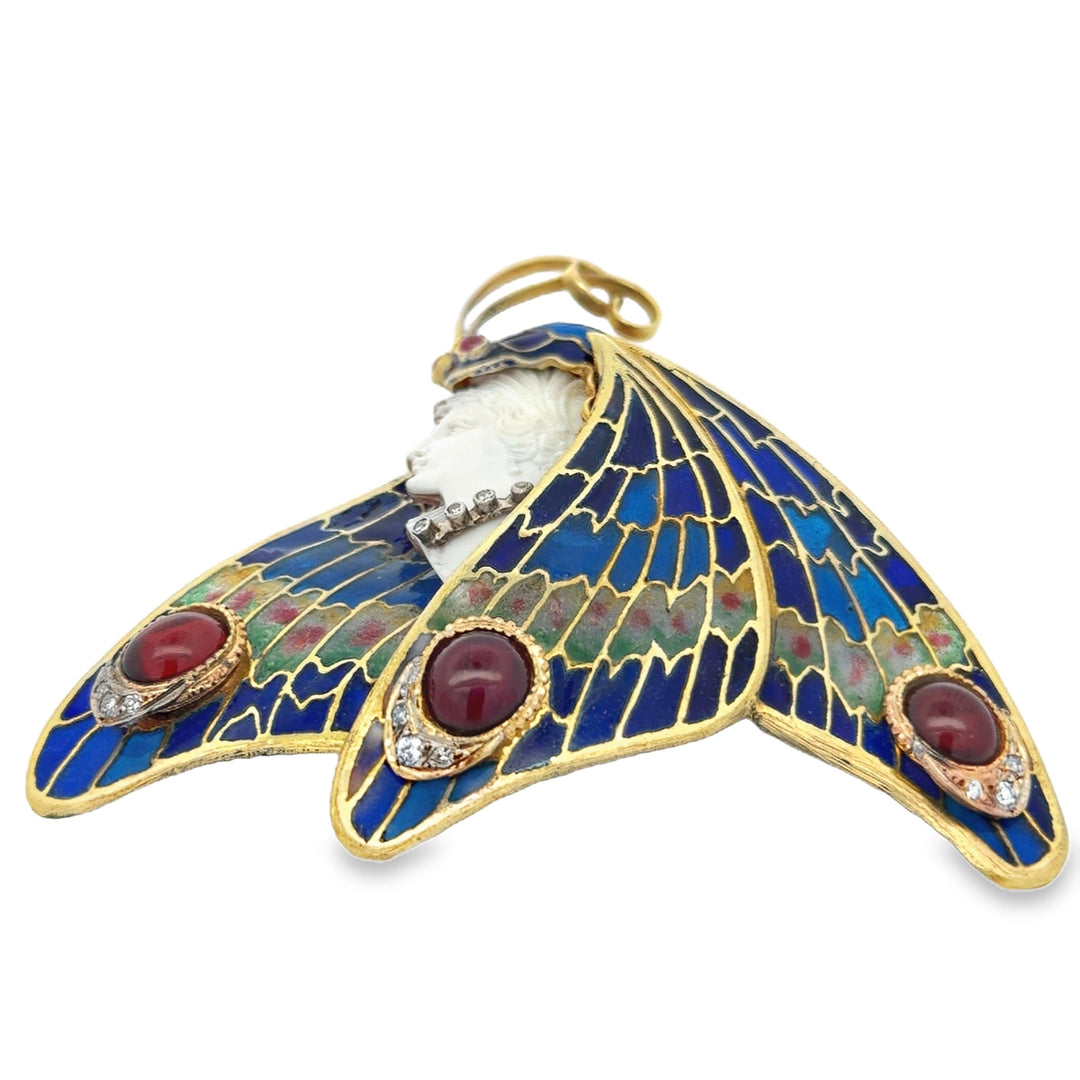Modern 1990's 18kt Yellow Gold Plique-A-Jour Enamel, Garnet, diamond, Pink Sapphire, Cameo Pendant/Brooch