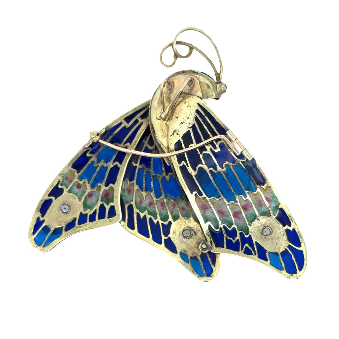 Modern 1990's 18kt Yellow Gold Plique-A-Jour Enamel, Garnet, diamond, Pink Sapphire, Cameo Pendant/Brooch