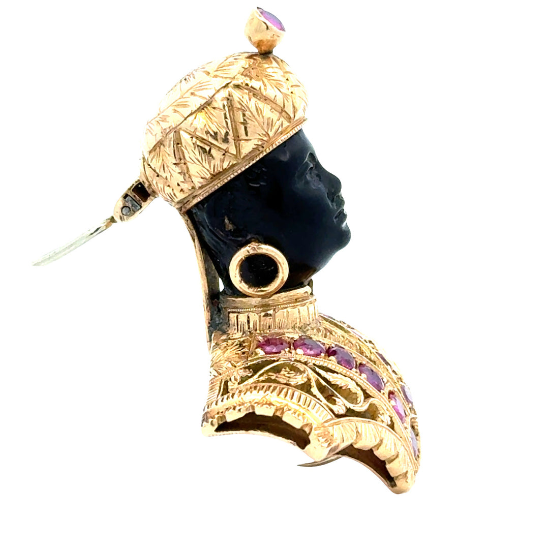 Venetian Naroi Italian Designer S. Naroi Blackamoor Ruby and 18K Yelow Gold Pendant/Brooch